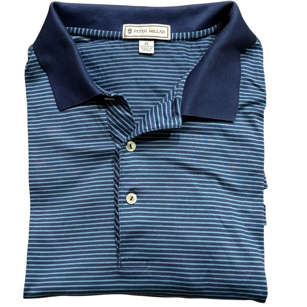 Y2K Peter Millar Light & Dark Blue Striped Cotton Polo Men's Size XL CC Logo